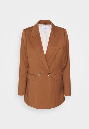 Brauner doppelreihiger Blazer mit breiten Revers, zwei Knöpfen, Pattentaschen und weißem Innenfutter, vor einfachem Hintergrund präsentiert.