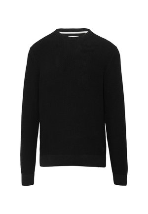 Czarny sweter dzianinowy z okrągłym dekoltem, teksturowym materiałem, prążkowanymi mankietami i dołem, z subtelnym wzorem w całej powierzchni oraz detalem logo z boku.