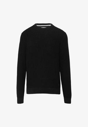 Czarny sweter dzianinowy z okrągłym dekoltem, teksturowym materiałem, prążkowanymi mankietami i dołem, z subtelnym wzorem w całej powierzchni oraz detalem logo z boku.
