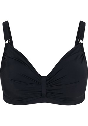 Top bikini nero con dettaglio anteriore attorcigliato, spalline regolabili e dettagli in metallo argentato. Realizzato in tessuto liscio ed elastico.