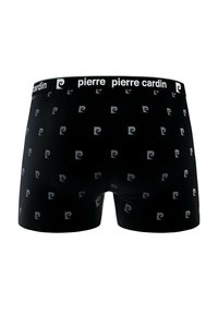 Boxer shorts noirs arborant un motif en spirale gris répétitif, avec une ceinture élastique blanche portant la marque "pierre cardin." Matière textile douce.