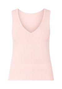 Top senza maniche di un rosa chiaro, con scollatura profonda a V, texture a coste e vestibilità aderente. Presenta un elastico all'orlo per un supporto aggiuntivo.