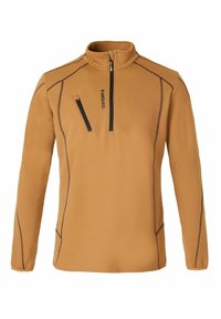 Lys brun fleece-pullover med høj krave, frontlynlås og sorte detaljer. Har en lynlås på brystlommen og kontrastsygning.