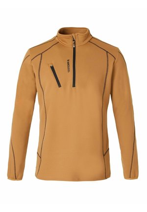 Helles brauner Fleece-Pullover mit hohem Kragen,Frontreißverschluss und schwarzen Akzenten. Verfügt über eineReißverschlusstasche auf der Brust und kontrastierende Nähte.