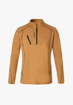 Sudadera de forro polar marrón claro con un alto cuello, cremallera frontal y detalles en negro. Presenta un bolsillo en el pecho con cremallera y costuras de contraste.