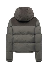 Grå dunjakke med kort design, quilte tekstur og hette med rutenettsmønster. Har elastiske mansjetter og en minimalistisk stil.