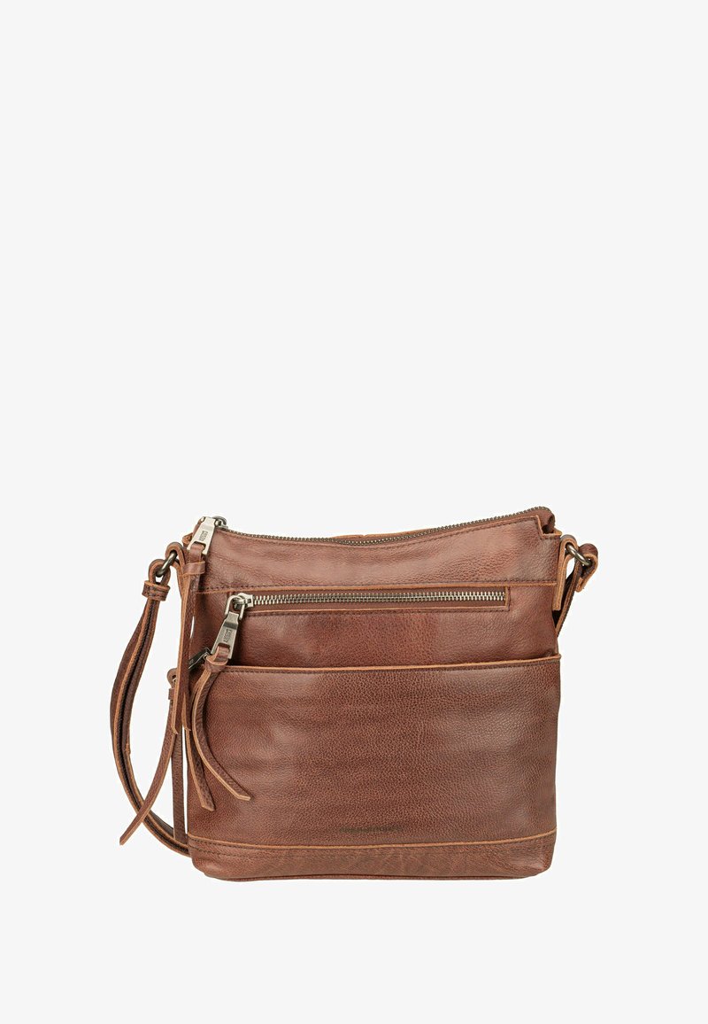 Borsa a tracolla in pelle marrone con finitura testurizzata, dotata di una zip superiore, tasca frontale con zip e tracolla regolabile.