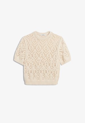 Cremefarbener, kurzärmeliger Strickpullover mit diamantförmigem Lochmuster und geripptem Kragen, Bündchen und Saum, mit dem Label Ivy Oak.