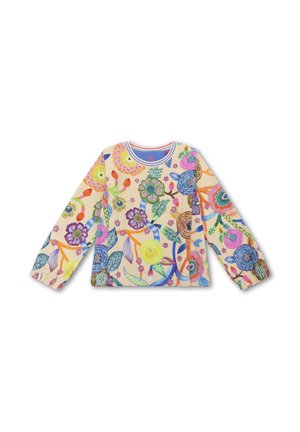 Lange mouwen bloemenblouse in zacht beige stof, met kleurrijke geborduurde bloemen en bladeren, met elastische manchetten en een ronde halslijn.