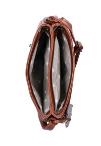 Borsa a tracolla in pelle marrone con due scomparti con zip foderati in tessuto grigio chiaro e motivo geometrico.