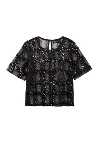 Haut noir à manches courtes en tissu transparent avec des ornements en sequins formant un motif en damier. Dispose d'un col rond et d'une ouverture en forme de goutte au dos.