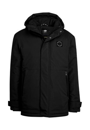 Schwarze isolierte Parka mit einem Vorderzip, Druckknopfverschluss und verstellbare Kapuze. Verfügt über zwei seitliche Reißverschlusstaschen und ein quadratisches Logo-Label.