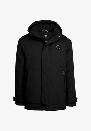 Schwarze isolierte Parka mit einem Vorderzip, Druckknopfverschluss und verstellbare Kapuze. Verfügt über zwei seitliche Reißverschlusstaschen und ein quadratisches Logo-Label.