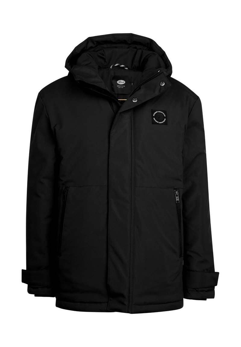 Parka aislante negra con cremallera frontal, cierre a presión y capucha ajustable. Cuenta con dos bolsillos laterales con cremallera y un parche de logo cuadrado.