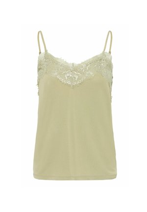 Ljusgrön linne med tunna spännen, ett spetsband längs halsringningen och en mjuk, slät textur. Avslappnad design för lager-på-lager.