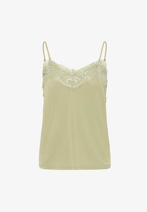 Hele roheline kampsik, millel on õhukesed rihmad, pitsääris kaeluse ääres ja pehme, siledapind. Mugav disain kihistamiseks.