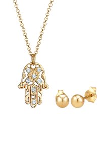Guldtonet smykkesæt med en hamsa hånd vedhæng med klare krystaller og et matchende par guld kugle-stud øreringe.