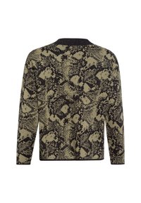Strickpullover mit Schlangenprintmuster in Olivgrün und Schwarz. Verfügt über einen runden Ausschnitt und lange Ärmel, strukturiertes Material.