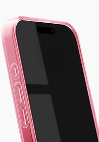 Przezroczyste różowe etui na telefon z wycięciami na przyciski i aparat, o błyszczącym wykończeniu i zaokrąglonych krawędziach, w połączeniu z czarnym ekranem.