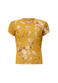 Geel T-shirt met korte mouwen, voorzien van een bloemenpatroon in roze, wit en bruin. Glad textuur en ronde halslijn. Heeft een subtiele glans.
