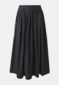 Svart, midilång kjol med en samlad design, elastisk midja och slät yta. Enkelt och mångsidigt för olika outfits.