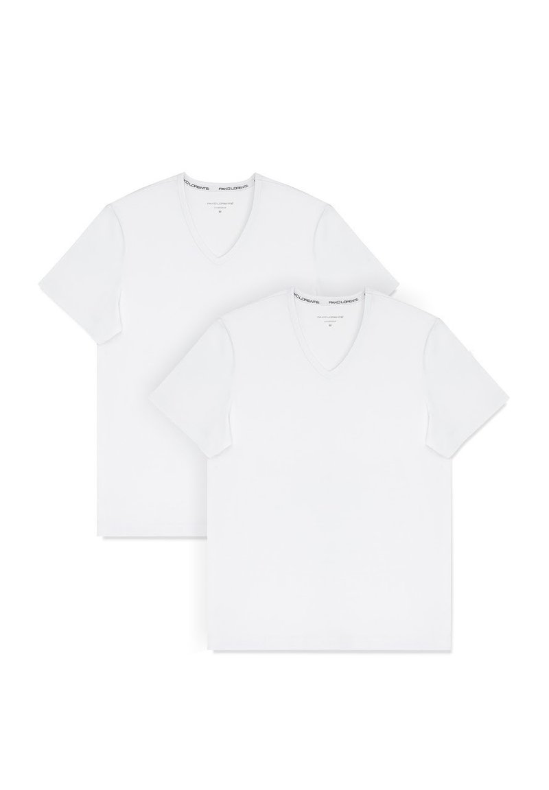 Białe bawełniane t-shirty z dekoltem w serek w zestawie dwóch sztuk. Krótkie rękawy, miękka tekstura i klasyczny design bez wzorów czy akcentów.