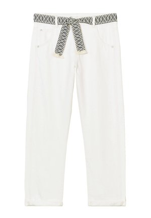 Pantaloni bianchi in cotone con una cintura intrecciata a motivo e un fiocco. Il tessuto è morbido, con tasche laterali e orli arrotolati.