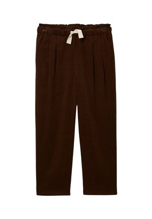 Pantalon en velours côtelé marron foncé avec une ceinture élastique et un cordon de serrage blanc, présentant des plis à l'avant et des poches latérales.
