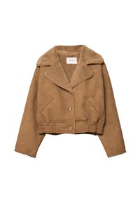 Hnědá umělá semišová cropped bunda s límcem z beránka, se zapínáním na dva knoflíky a bočními kapsami, s elastickým pasem.