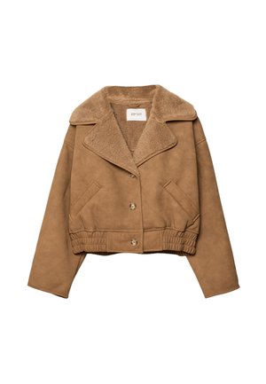 Hnědá umělá semišová cropped bunda s límcem z beránka, se zapínáním na dva knoflíky a bočními kapsami, s elastickým pasem.