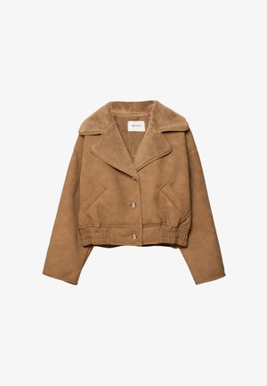 Hnědá umělá semišová cropped bunda s límcem z beránka, se zapínáním na dva knoflíky a bočními kapsami, s elastickým pasem.