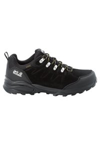 Scarpa da trekking nera con tomaia in suede testurizzato e sintetico, suola in gomma grigia, dettagli gialli e sistema di allacciatura circolare con fermapunto.