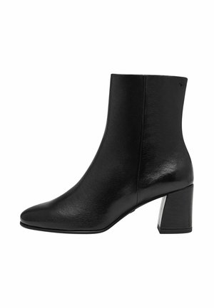 Black mid-calf leather ankle boot with pointed toe and block heel, shown from the outer side on a white background.