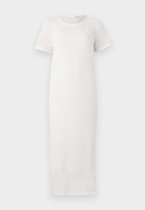Long white dress with short sleeves, featuring a textured, knit pattern and a rounded neckline. Falls to the ankles with a straight silhouette.