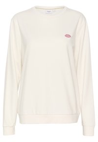 Felpa crema con maniche lunghe, polsini e orlo ribbed, caratterizzata da un ricamo a forma di labbra rosa sul petto. Tessuto morbido e liscio.