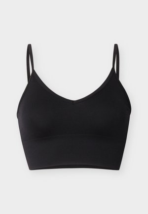 Bralette negro sin costuras con tirantes delgados ajustables y escote en V, diseñado para comodidad y soporte ligero.