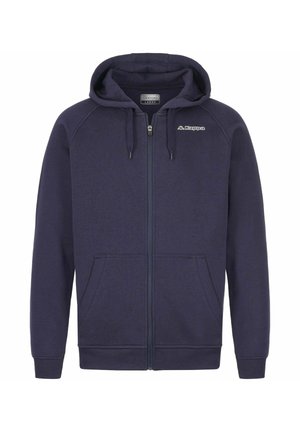 Felpa zip-up navy in tessuto morbido, dotata di cappuccio, tasche frontali a marsupio e logo sul petto. Polsini e orlo a costine.