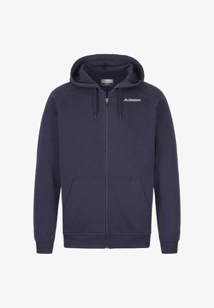 Felpa zip-up navy in tessuto morbido, dotata di cappuccio, tasche frontali a marsupio e logo sul petto. Polsini e orlo a costine.
