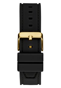 Bracelet de montre en silicone noir avec une surface texturée, doté d'une boucle et d'un gardien en métal doré, plusieurs trous d'ajustement pour le dimensionnement.