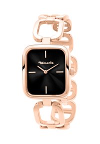 Rose gold linked armbåndsur med en sort firkantet urskive, minimale time markører og "Tamaris" logo klokken 12.