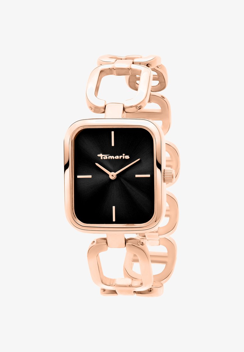 Rose gold linked armbåndsur med en sort firkantet urskive, minimale time markører og "Tamaris" logo klokken 12.
