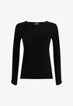 Maglione nero aderente a maniche lunghe con scollo rotondo e design semplice e sobrio.