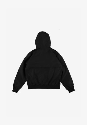 Czarna kurtka wiatrówka z kapturem, elastycznymi mankietami i pasem w talii. Gładka tekstura, luźny krój oraz prosty, uniwersalny design.