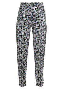 Blommönstrade byxor med svart bakgrund, som har små rosa, blå och gröna blommor. Resårmidja för komfort.