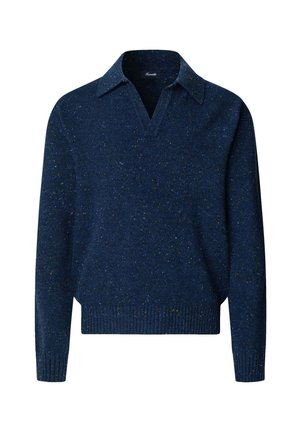 Dunkelblaues Strickpullover mit V-Ausschnitt, langen Ärmeln und gerippten Bündchen. Mit gesprenkeltem Farbmuster in Gelb und Hellblau.