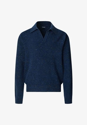 Pull en maille bleu marine avec col en V, manches longues et poignets côtelés. Présente un motif coloré moucheté en jaune et bleu clair.