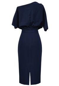 Granatowa sukienka z krótkimi, szerokimi rękawami, dopasowaną talią i detalami z guzikami na plecach. Zawiera rozcięcie z tyłu dla większej swobody ruchów.