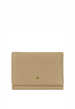 Beige strukturiertes Lederportemonnaie mit einem kleinen goldenen Stier-Emblem, das in der Mitte der Vorderklappe angebracht ist, geschlossen und rechteckig geformt.