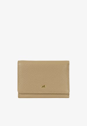 Beige strukturiertes Lederportemonnaie mit einem kleinen goldenen Stier-Emblem, das in der Mitte der Vorderklappe angebracht ist, geschlossen und rechteckig geformt.