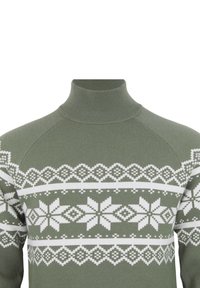 Pull à col roulé vert en tricot, avec un motif géométrique blanc et des flocons de neige sur la poitrine et les épaules, col côtelé.